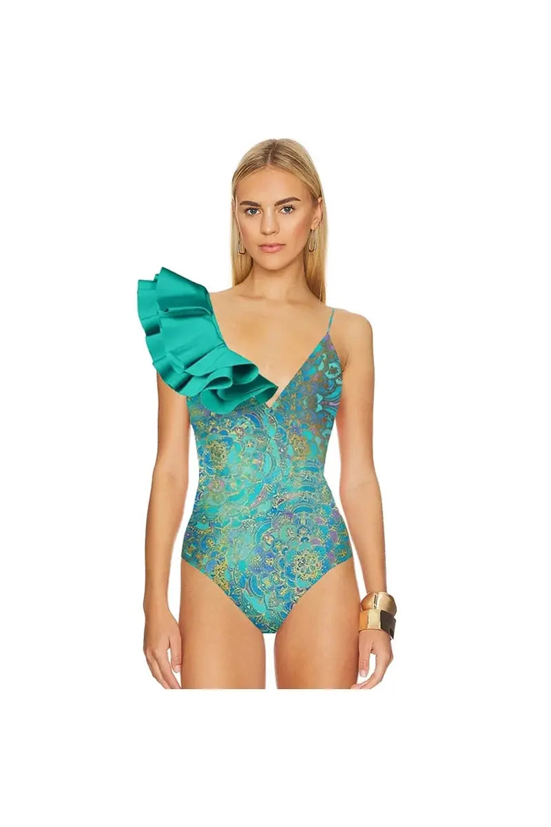 Boho Ruffle Print One Piece Swimsuit Set