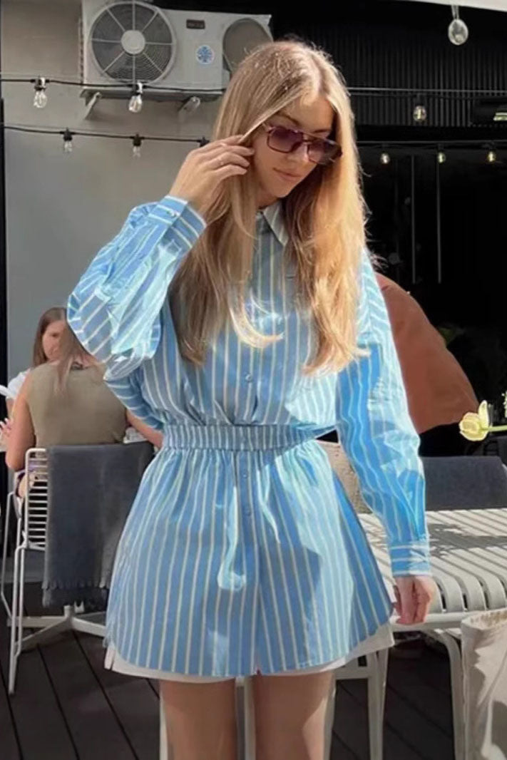 Blue Relaxed Striped Shirt Shorts Set