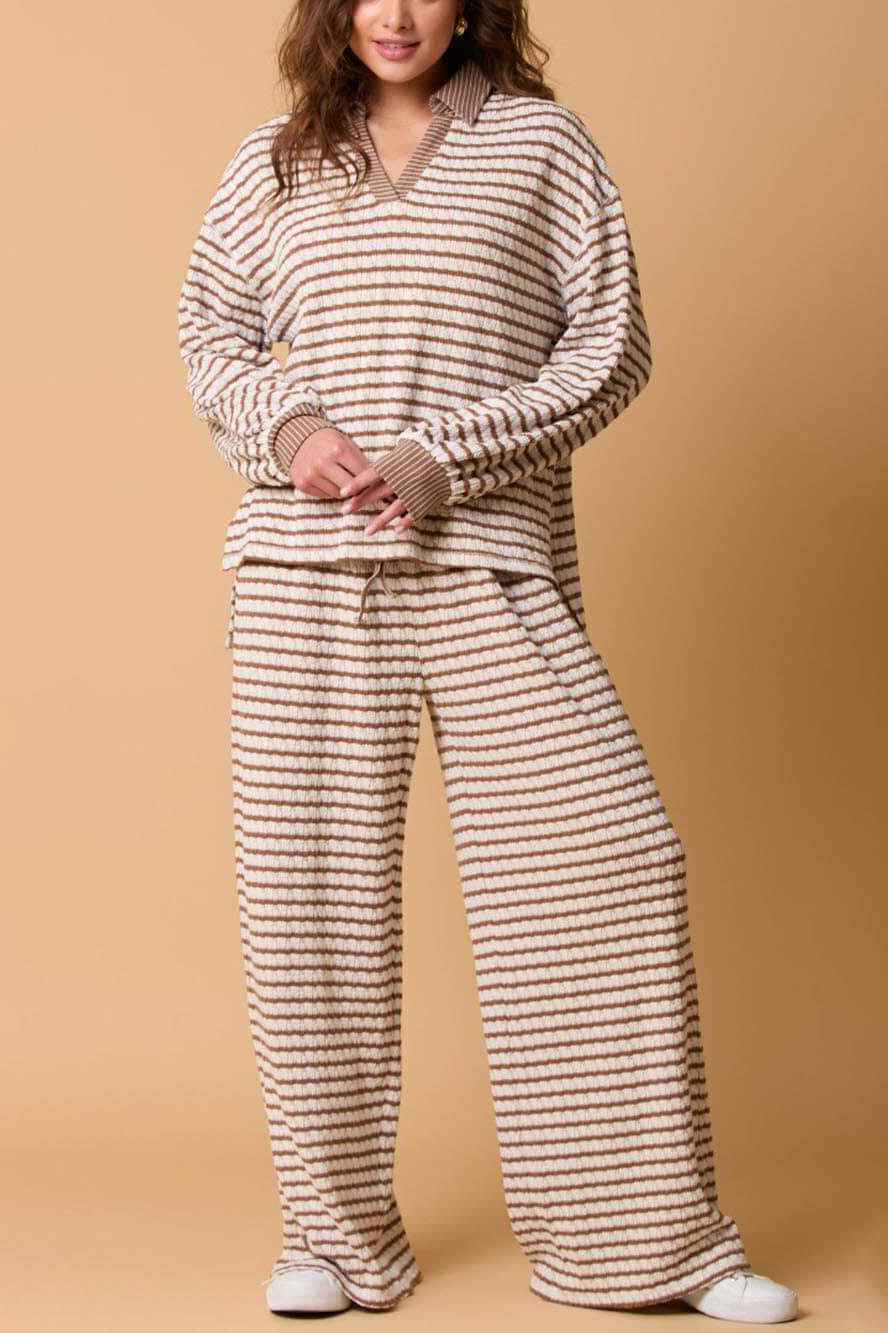 Casual Two-Color Striped Long-Sleeved Trousers Two-Piece Set