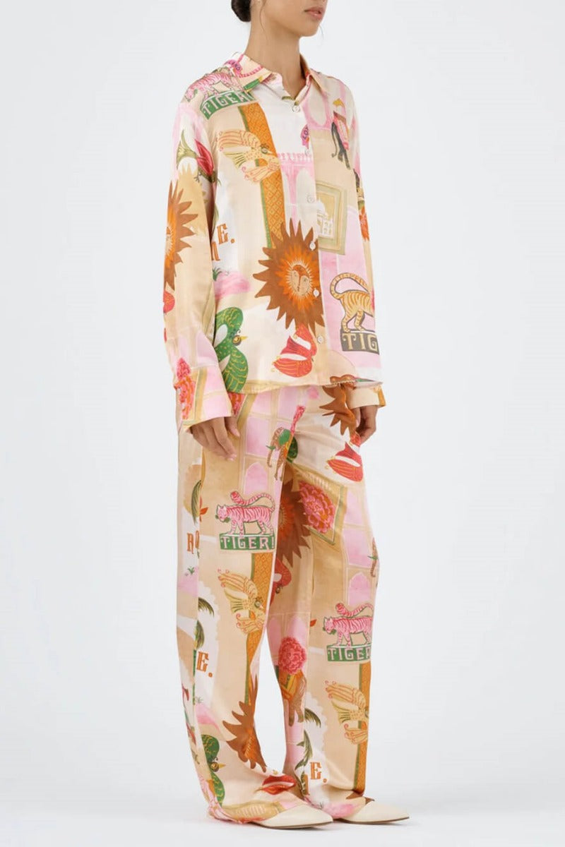 Unique Printed Casual Shirt Top and Elastic Waist Loose Pants Set