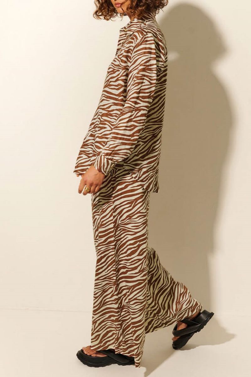 Button Open Collar Loose Zebra Print Drawstring Wide Leg Pants-Set