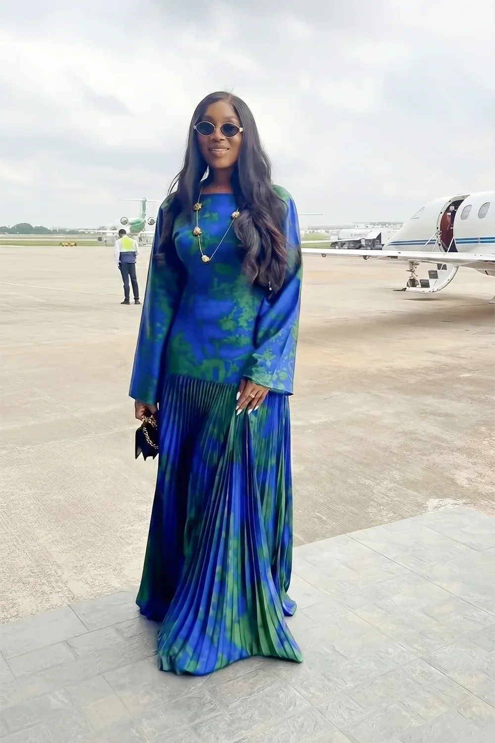 Artistic Print Deep V Pleated Maxi Dress