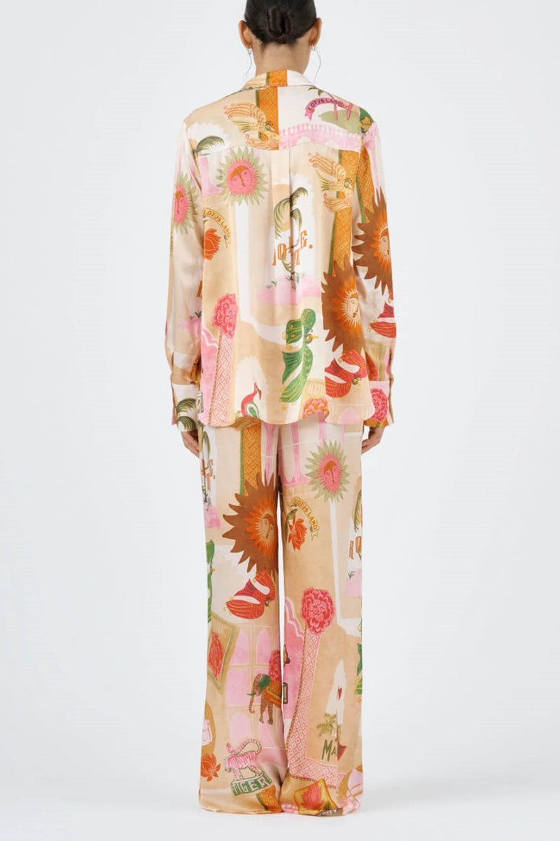 Unique Printed Casual Shirt Top and Elastic Waist Loose Pants Set