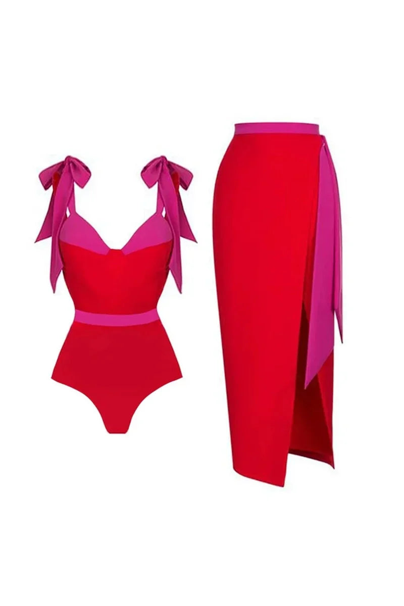 Colorblock Bow Tie Bikini Swimsuit Set