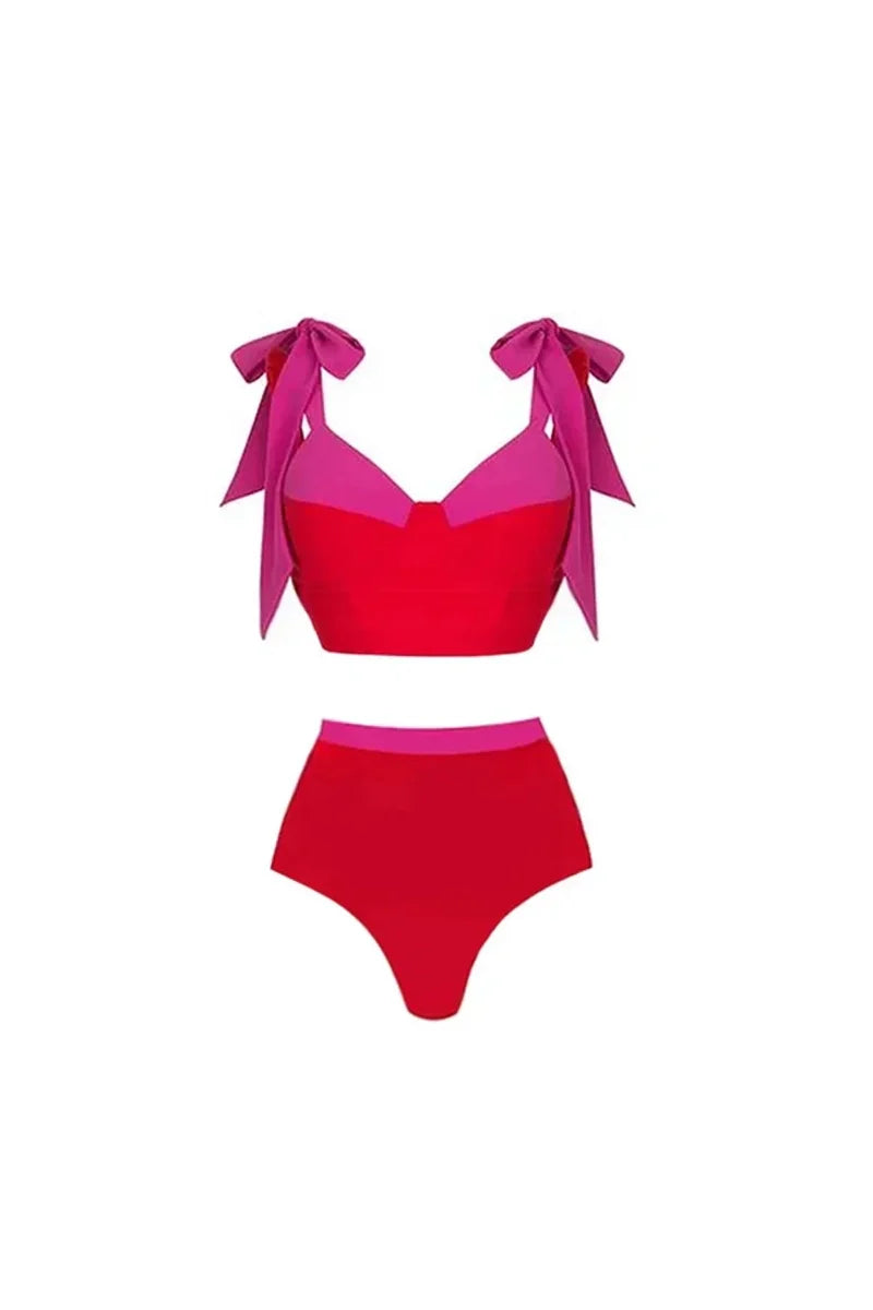 Colorblock Bow Tie Bikini Swimsuit Set