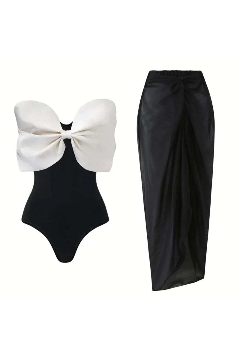Black and White Bow One Piece Swimsuit Set