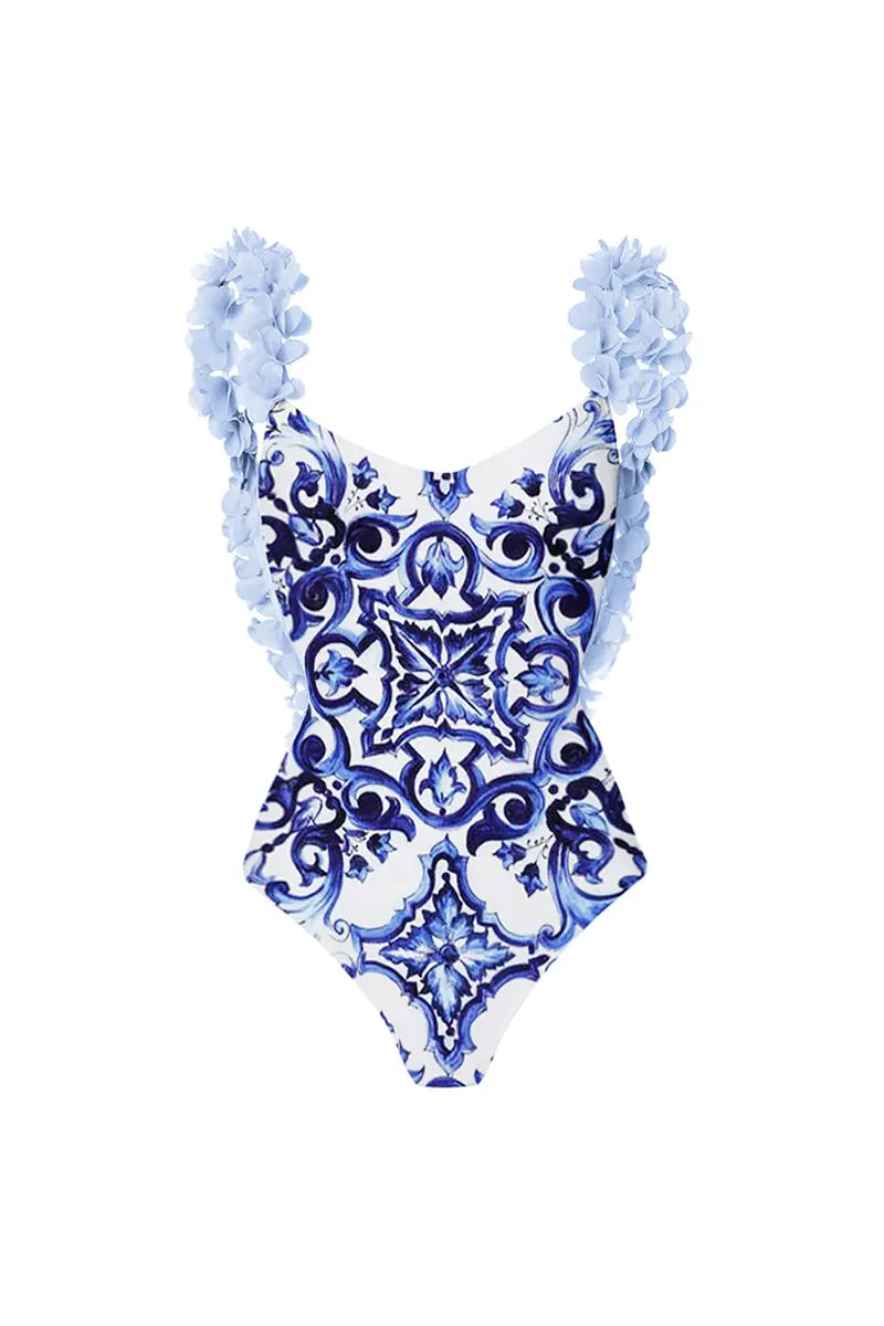 Blue One-Piece Bikini with Handmade Appliqué