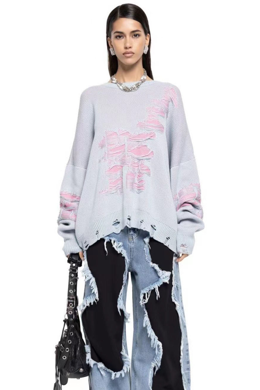 Colorblock Ripped Relaxed Sweater