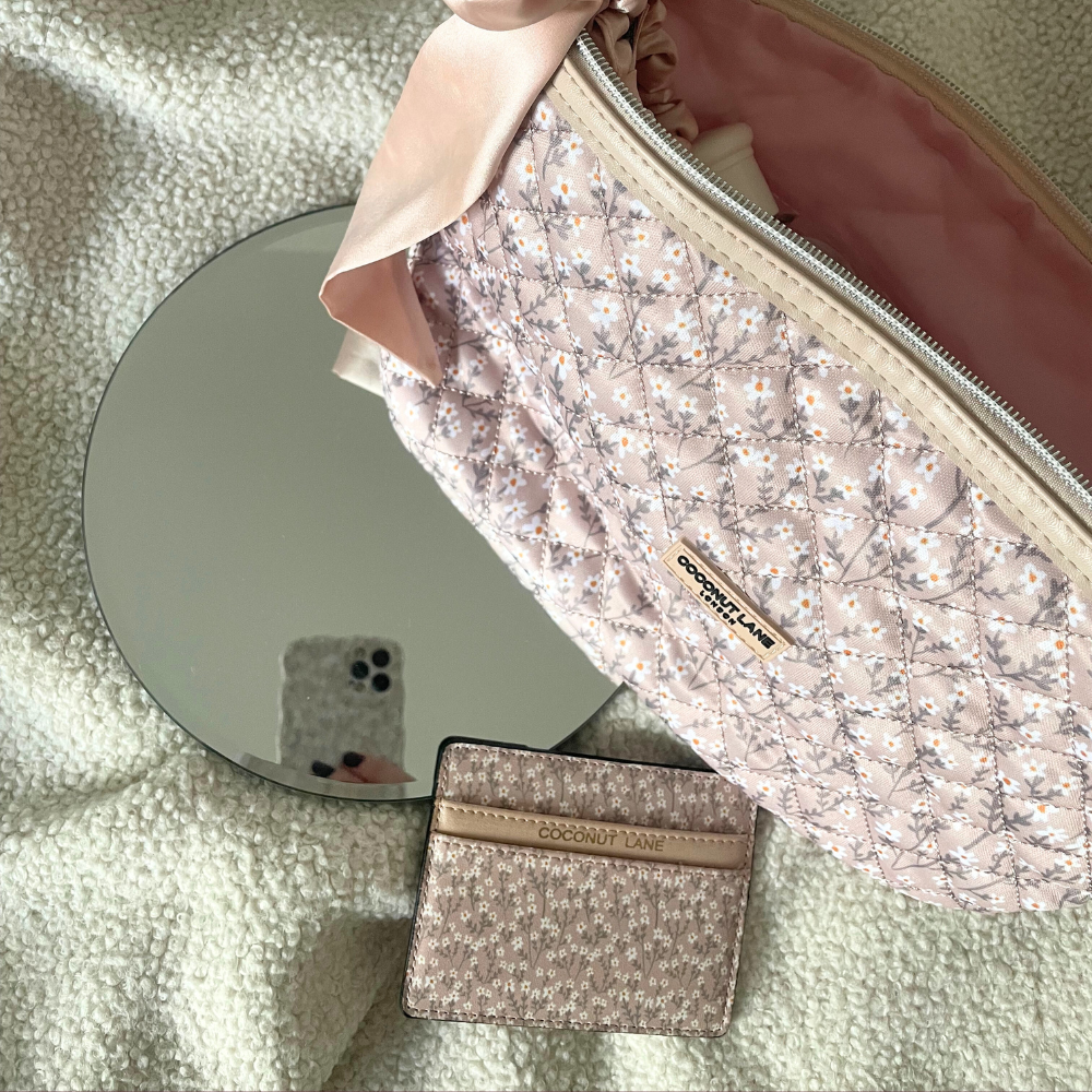 Genişletilebilir Makyaj Çantası - Kapitone Nude Çiçek Desenli