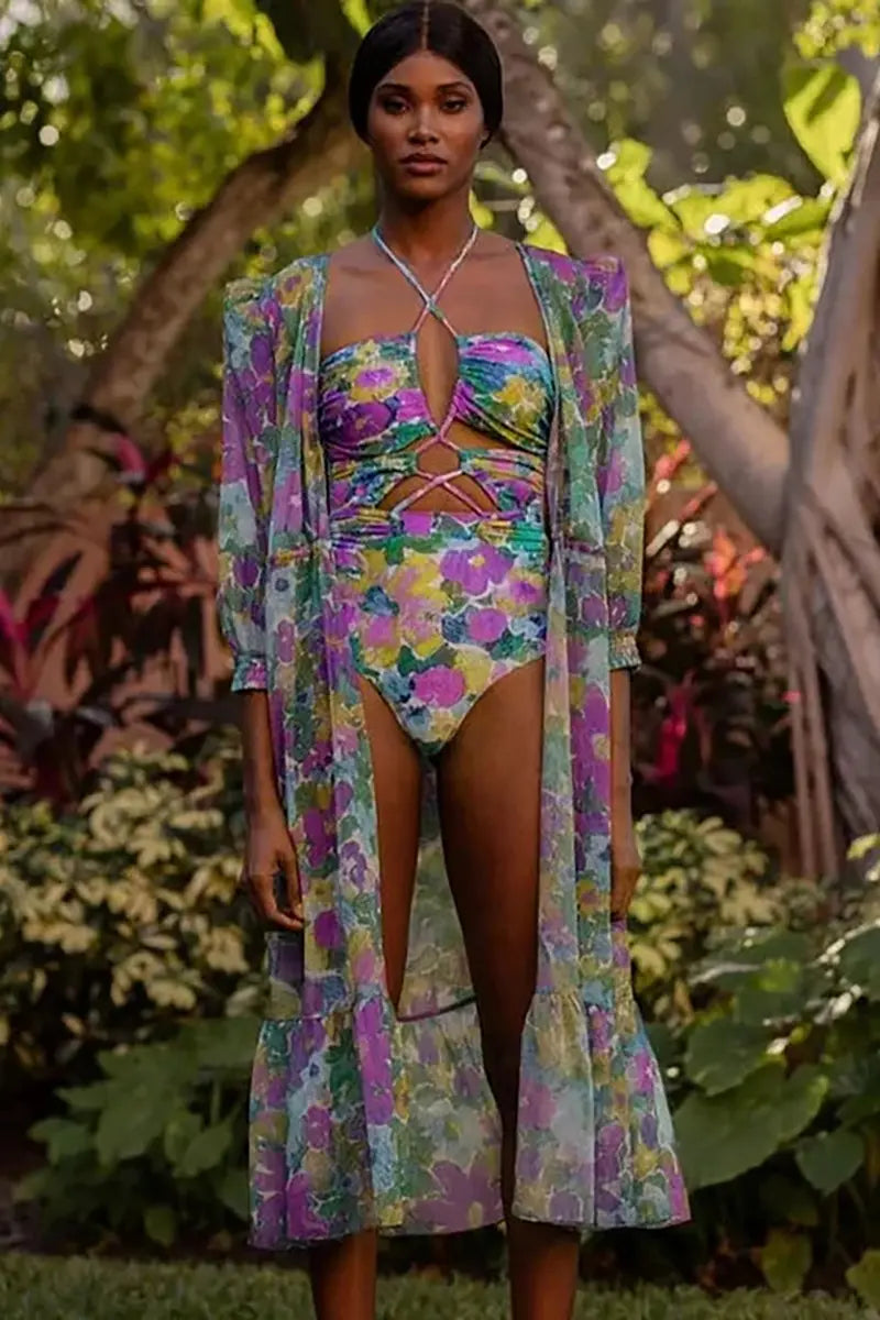 Cutout One Piece Swimsuit Set with Cover Up