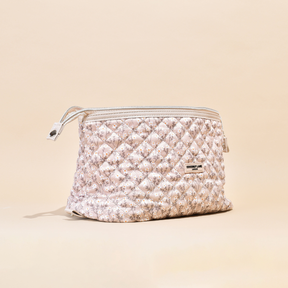 Genişletilebilir Makyaj Çantası - Kapitone Nude Çiçek Desenli
