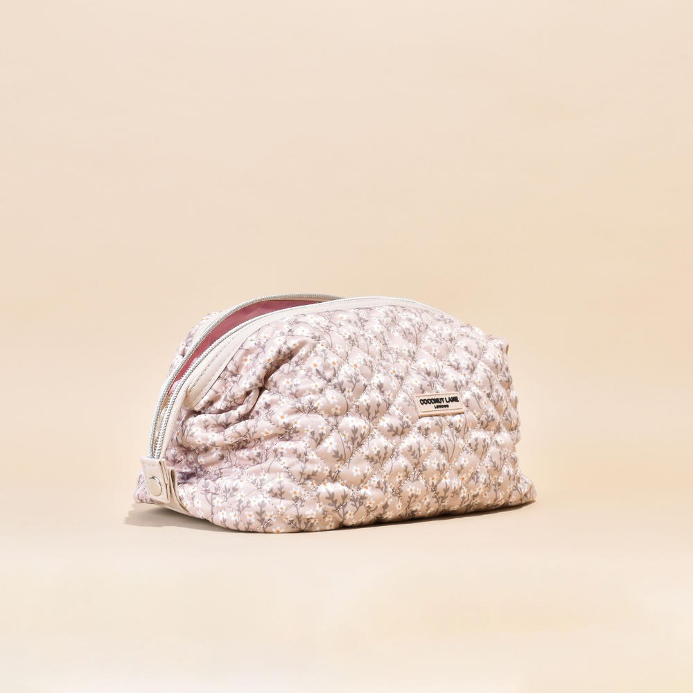 Genişletilebilir Makyaj Çantası - Kapitone Nude Çiçek Desenli