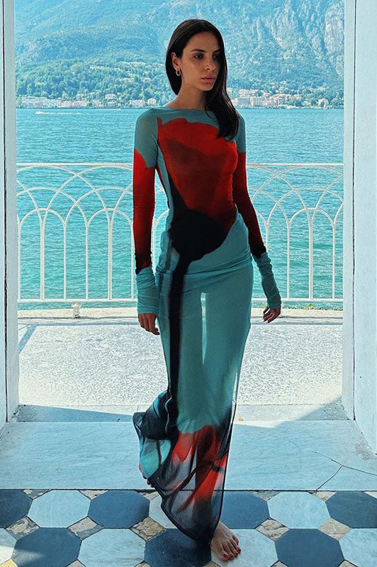 Abstract Print Sheer Maxi Dress