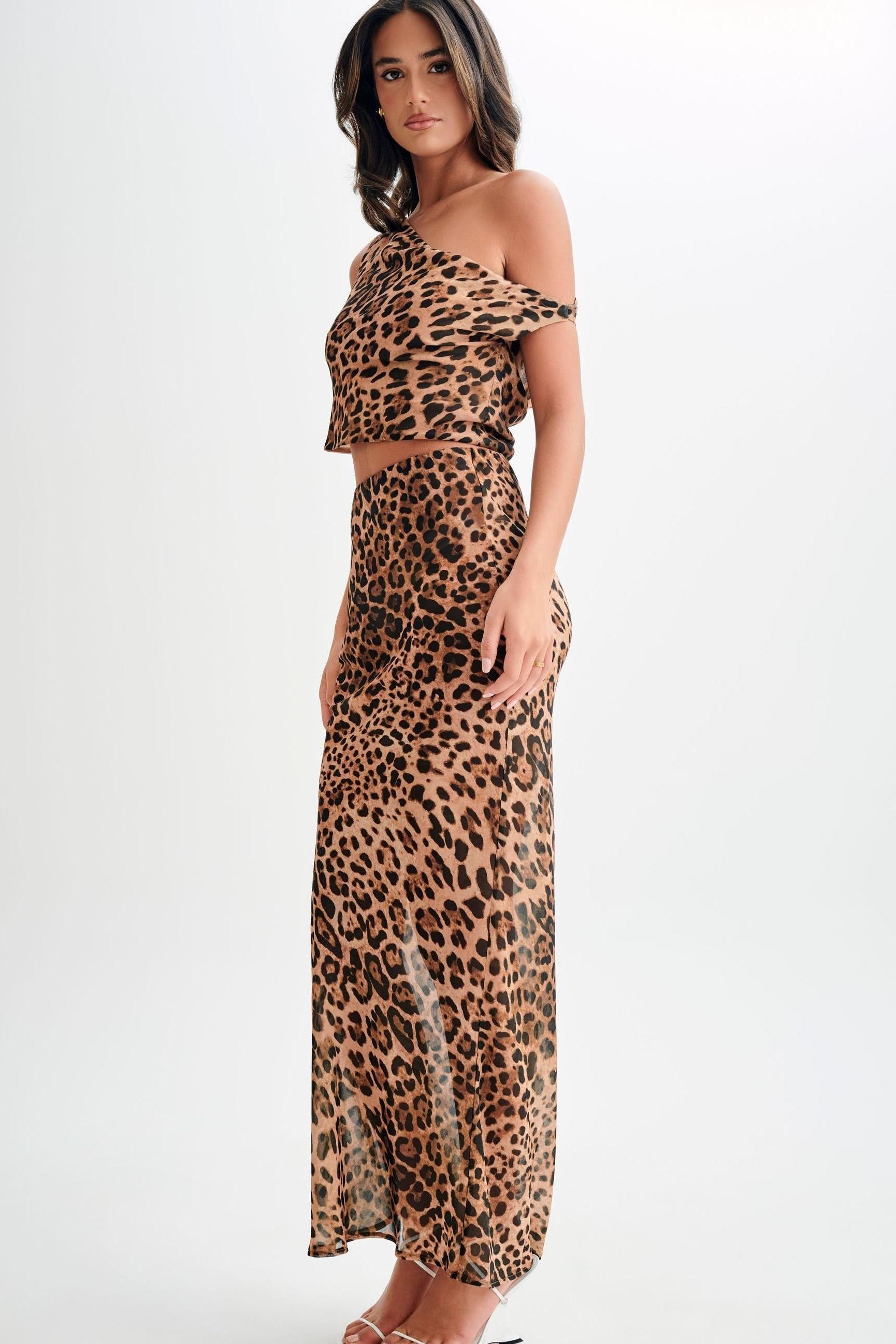 Leopard Print Asymmetrical Shoulder Dress Set