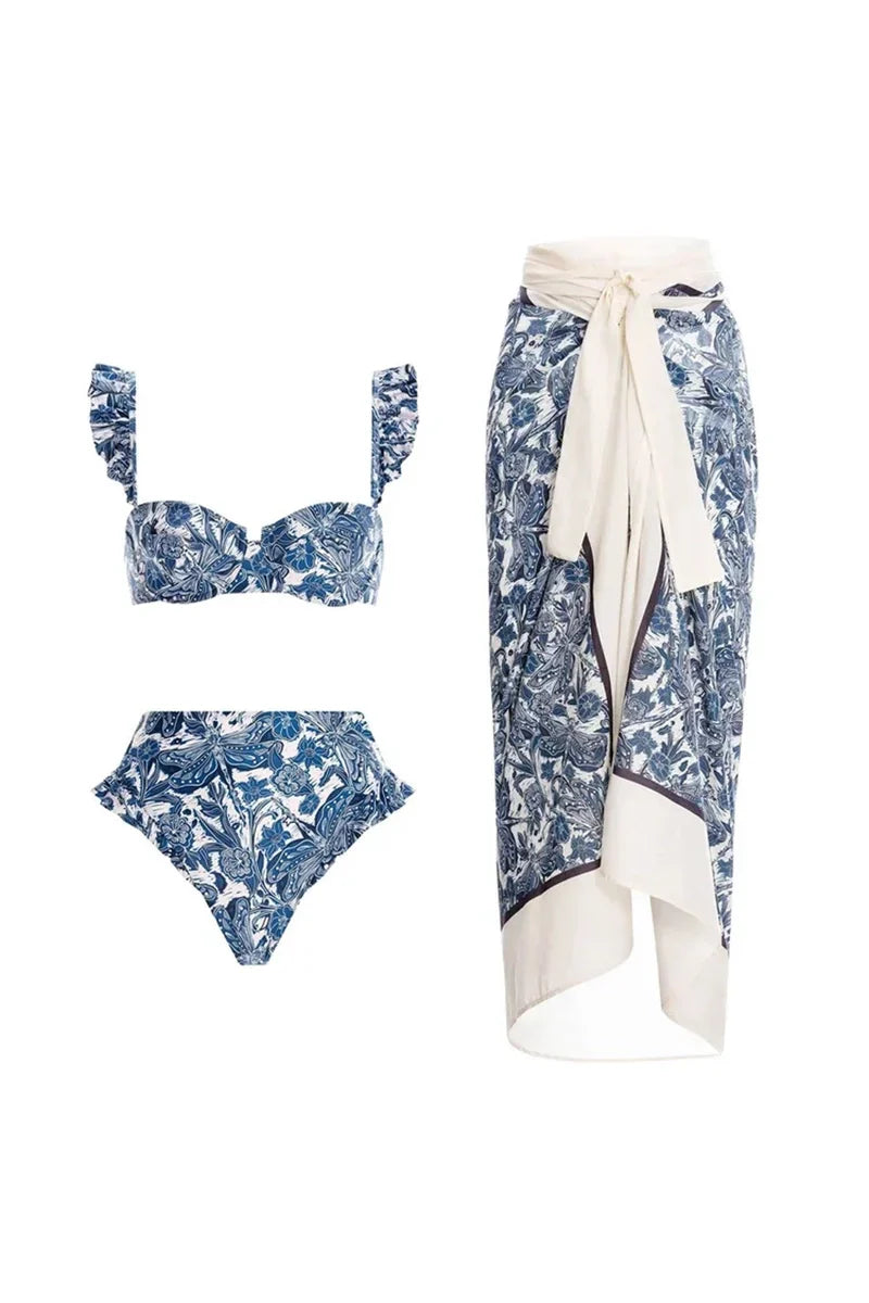 Blue Dragonfly Print Ruffle Bikini Set