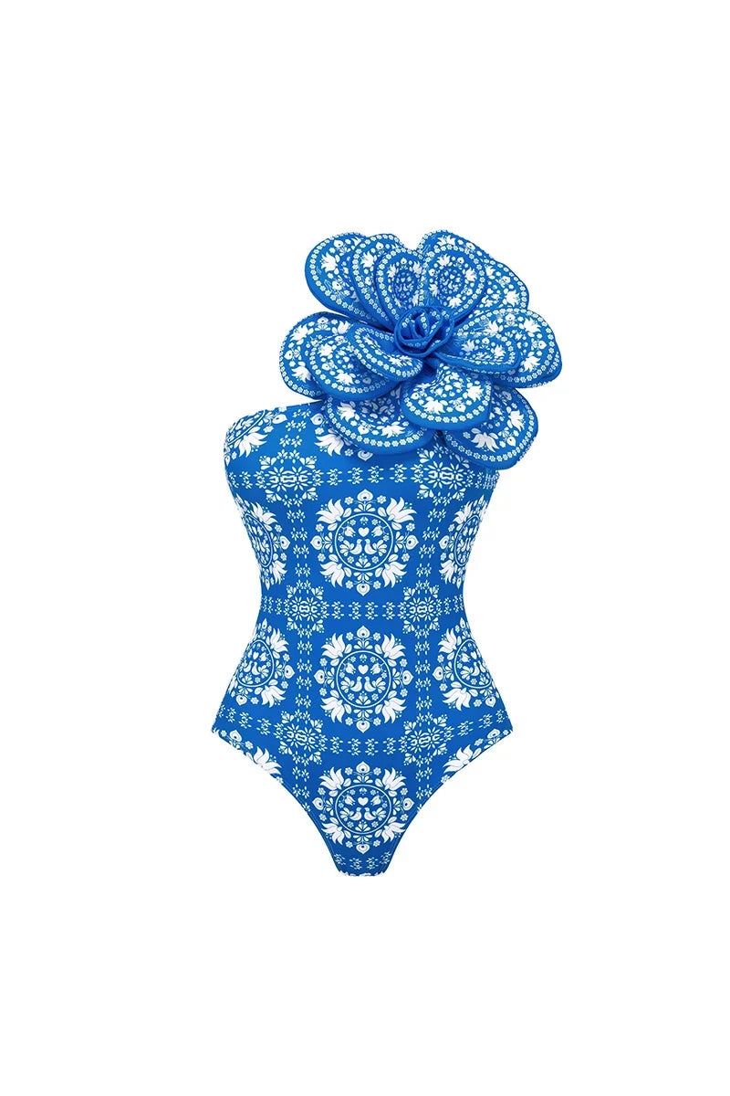 3D Floral Decor Ethnic Print Swimsuit