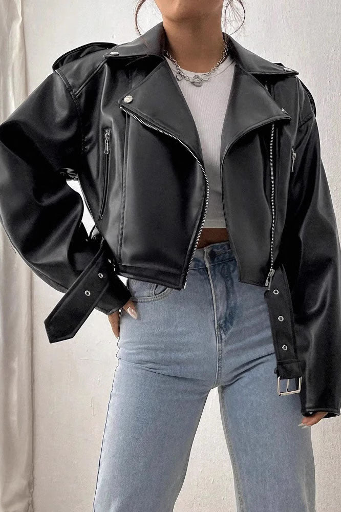 Cropped leather jacket with offset zipper collar