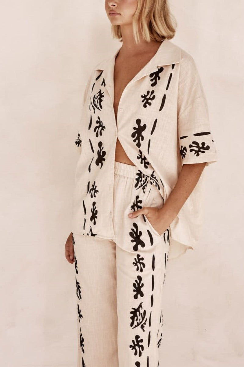 Black Printed Cream Wide Leg Pants-Set