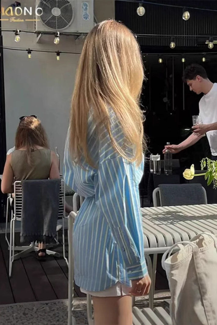 Blue Relaxed Striped Shirt Shorts Set