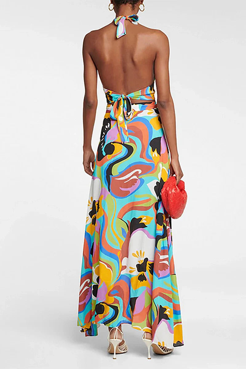 Deep V Halter Neck Print Sexy Swimsuit Set