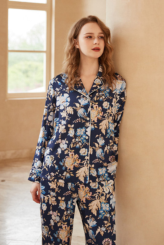 Begonia Flower Print Long-Sleeve Pajama Loungewear Set