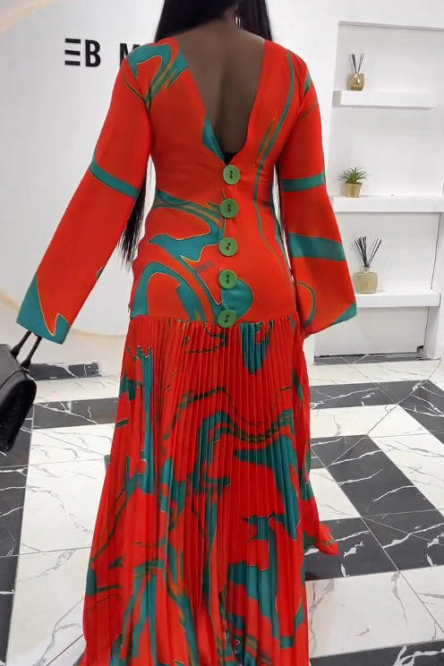 Artistic Print Deep V Pleated Maxi Dress