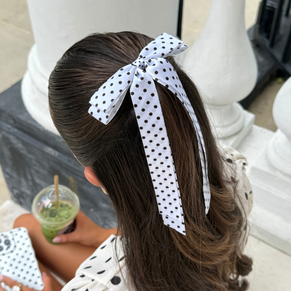 Ribbon Bow Clip - White Polka Dot