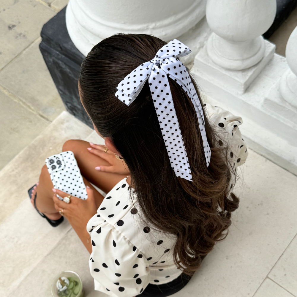 Ribbon Bow Clip - White Polka Dot