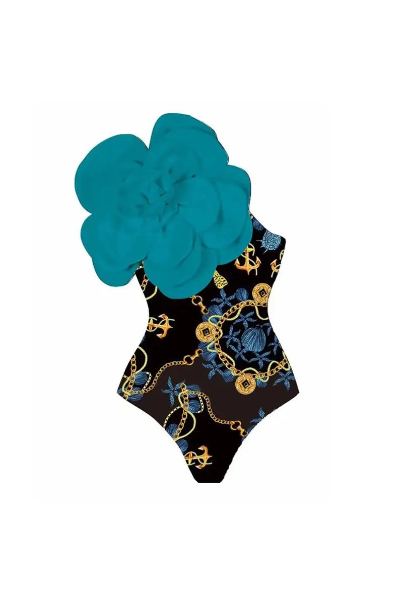 3D Blue Floral Bust Decor Printed Swimwear