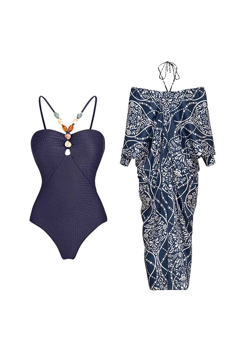 Beaded Textured Fabric One Piece Swimsuit Set