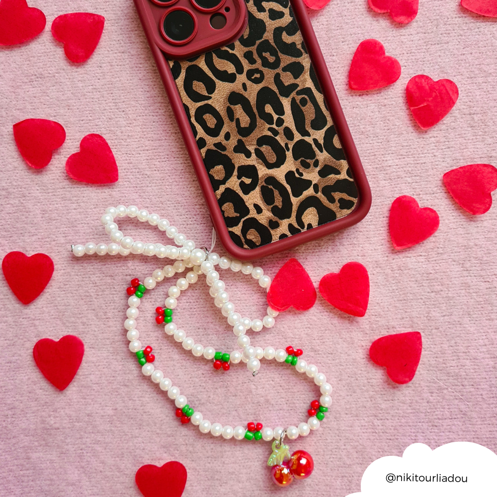 Beaded Phone Strap - Cherry Pearl