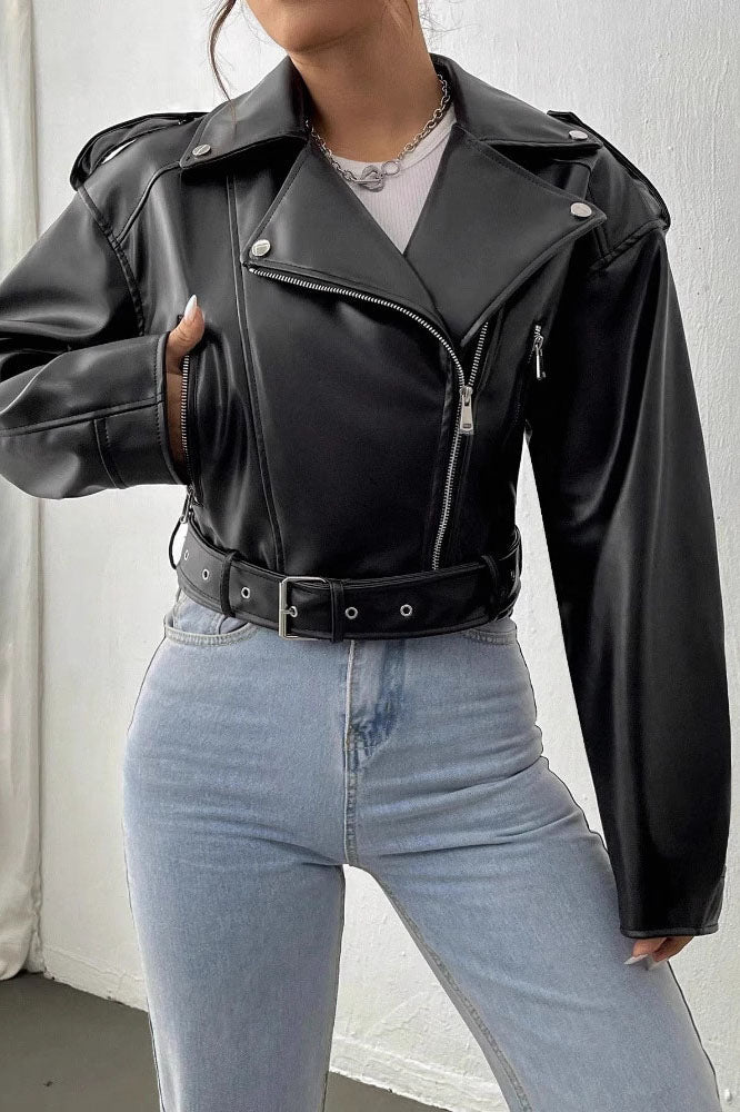 Cropped leather jacket with offset zipper collar