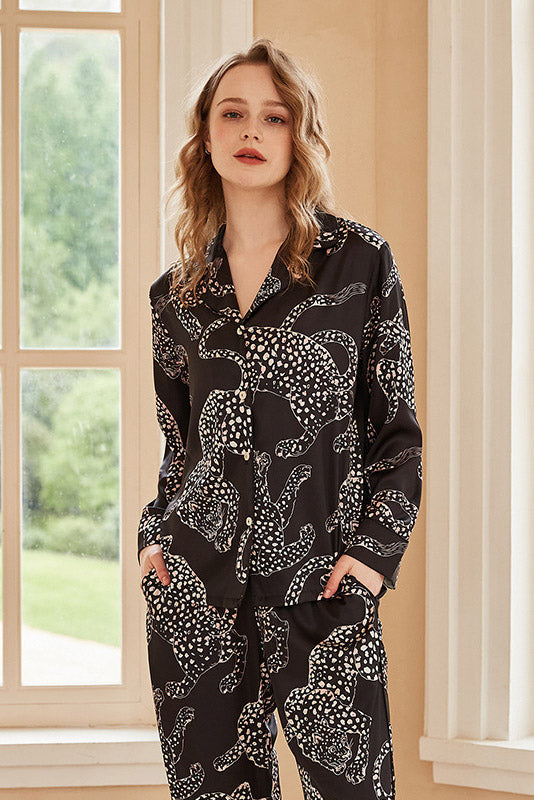 Black Jaguar Print Long-Sleeve Pajama Set