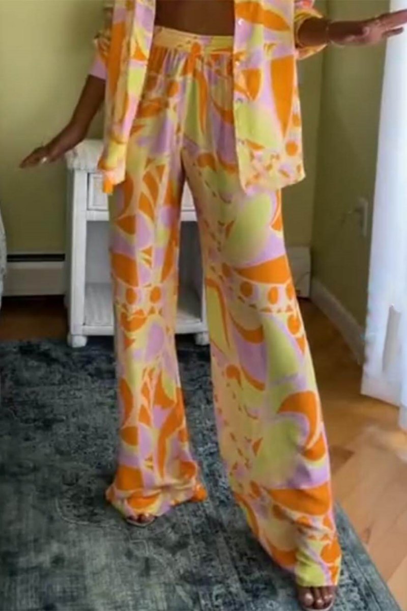 Classic Print Loose Waist Elastic Pocket Pants-Set