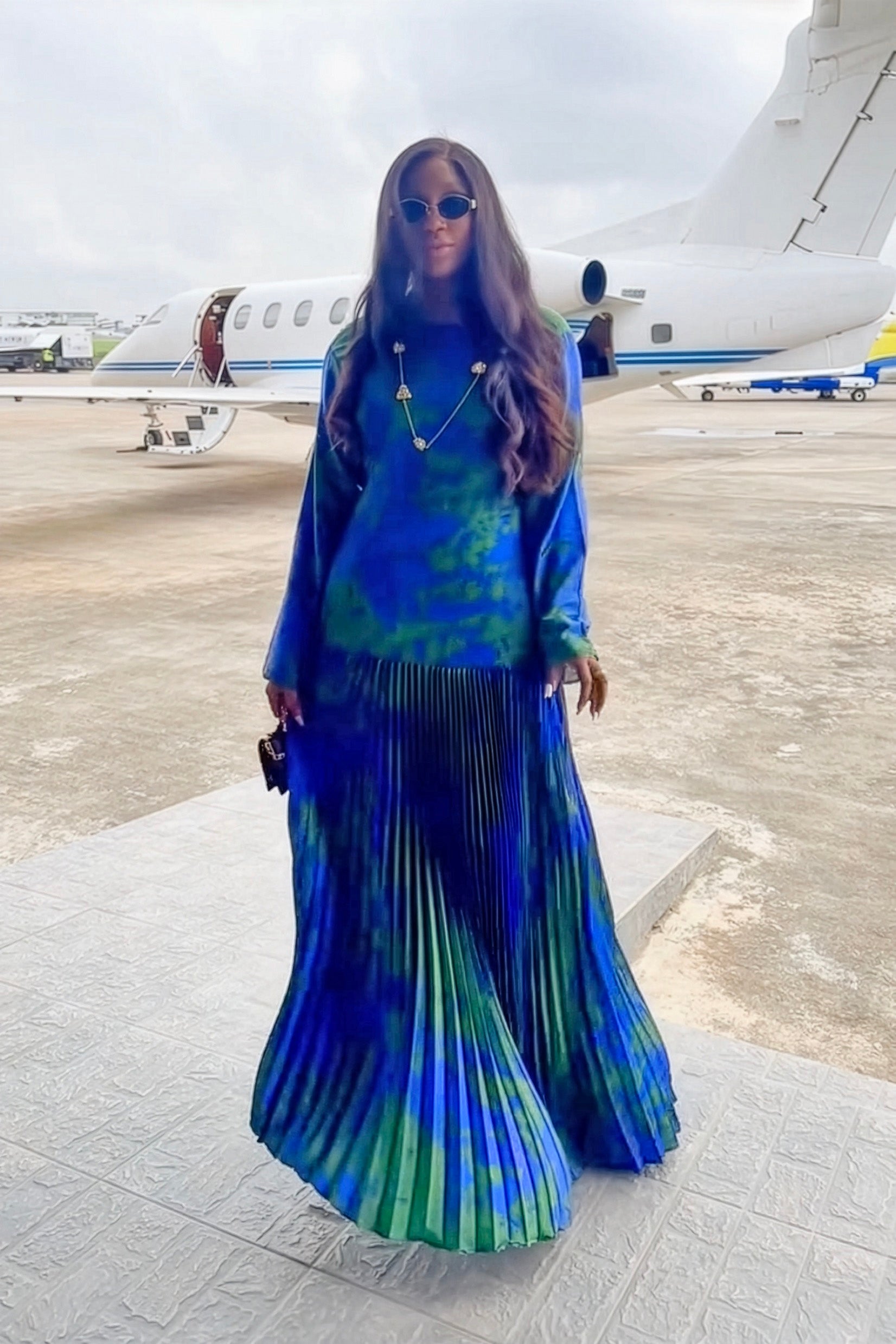 Artistic Print Deep V Pleated Maxi Dress