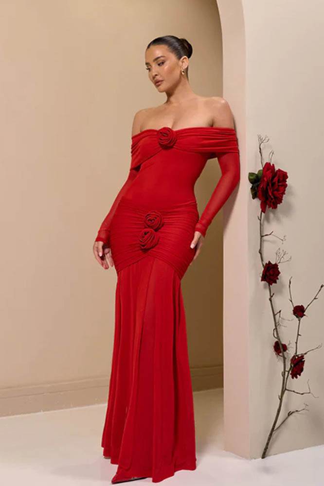 Off-Shoulder 3D Floral Bodycon Maxi Dresses