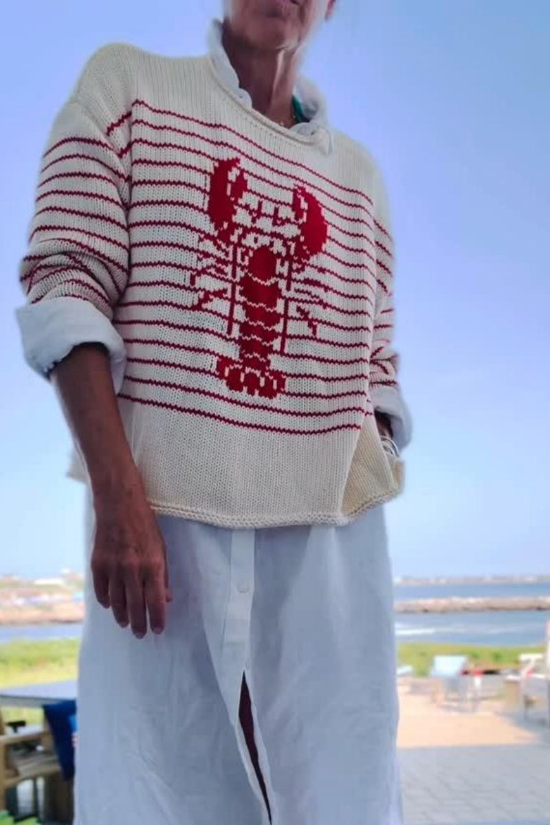 Cream & Red Striped Lobster Graphic Sweater