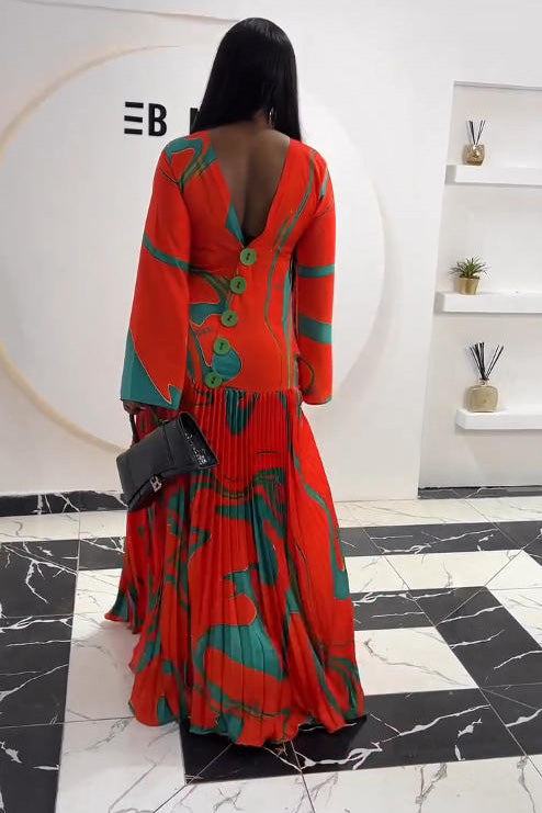 Artistic Print Deep V Pleated Maxi Dress