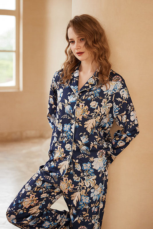 Begonia Flower Print Long-Sleeve Pajama Loungewear Set