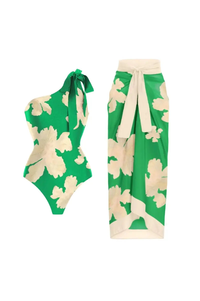 Belted Printed Swimsuits with Wrap Skirt Set