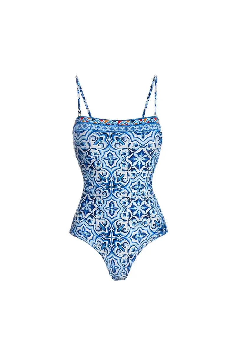 Blue Ethnic Print Swimsuit Set