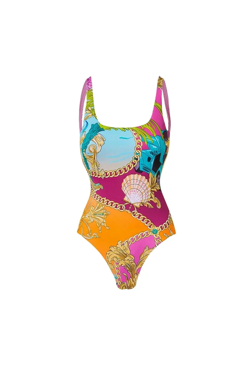 Colorblock Cartoon Print One-Piece Swimsuit