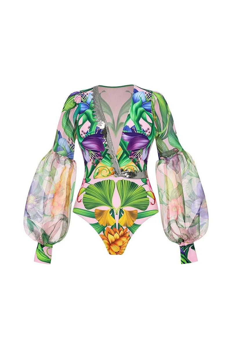 Deep V Lantern Sleeve Printed Swimsuit Set