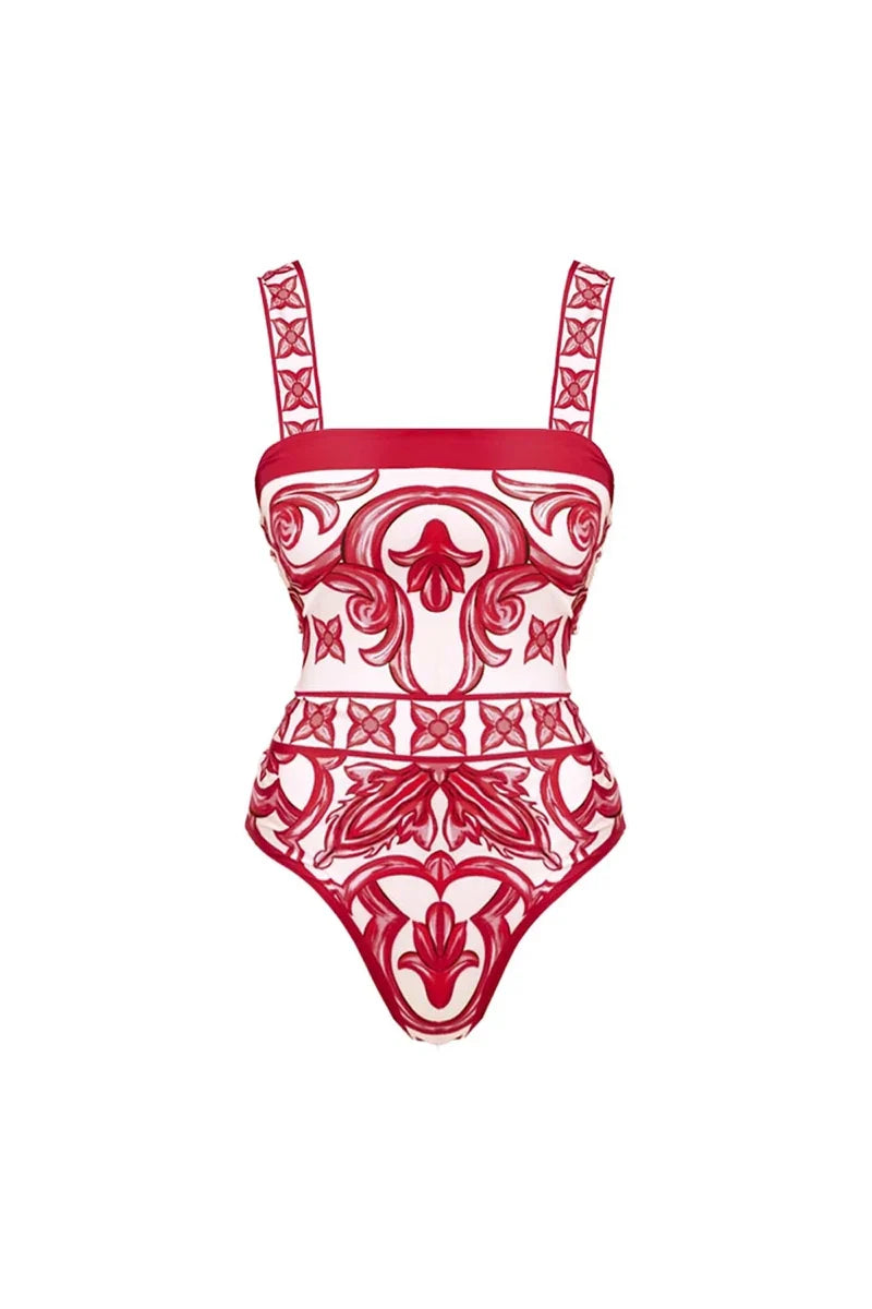 Ethnic Print One-Piece Swimsuit Set