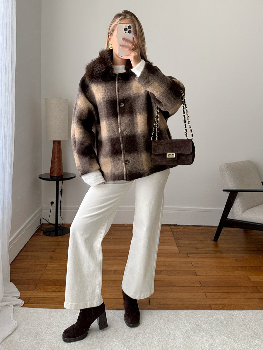Checkered Wool Coat with Fur Collar MATURIN