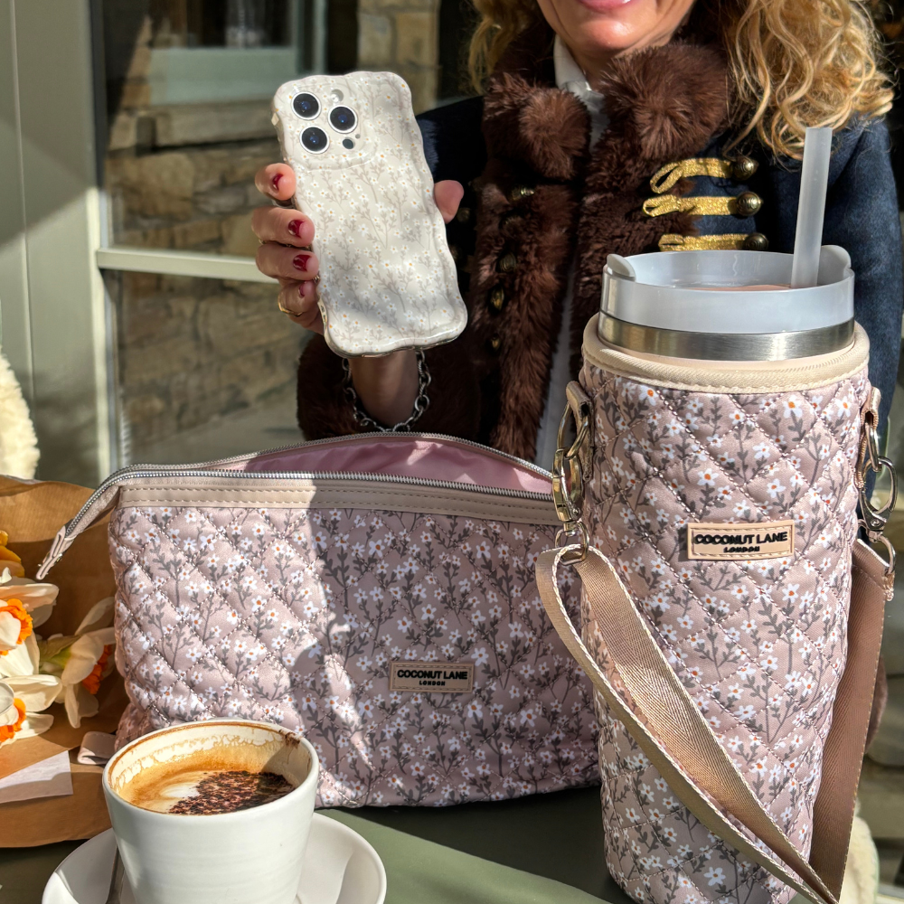 Genişletilebilir Makyaj Çantası - Kapitone Nude Çiçek Desenli