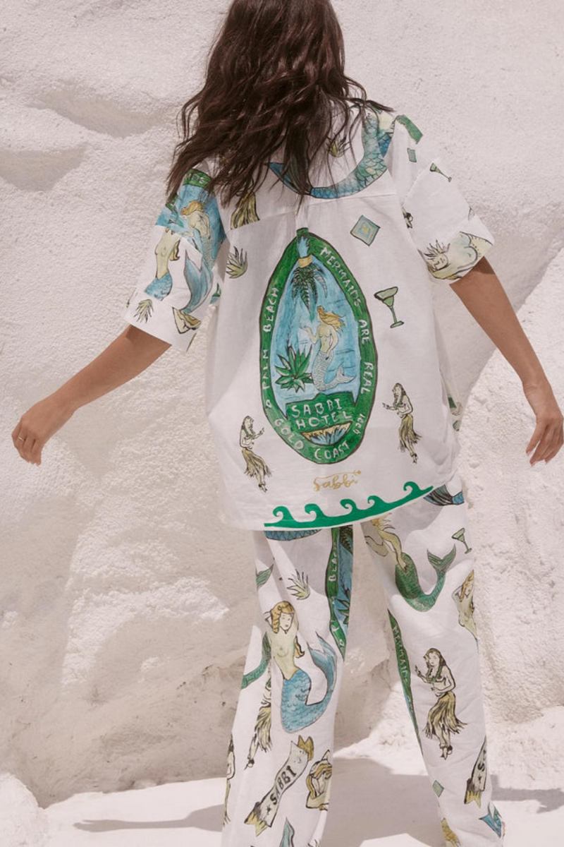 Mermaid Print Short-Sleeved Shirt And Wide-Leg Pants Two-Piece Set