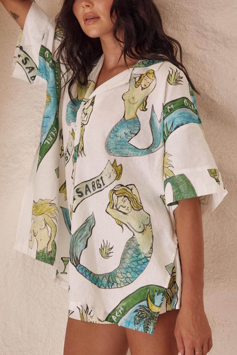 Holiday Mermaid Print Loose Shorts Two-Piece Set