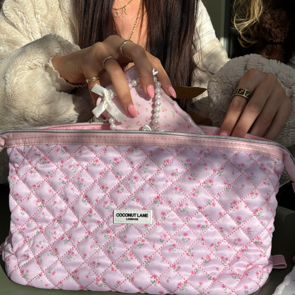 Genişletilebilir Makyaj Çantası - Kapitone Küçük Çiçekli Pembe