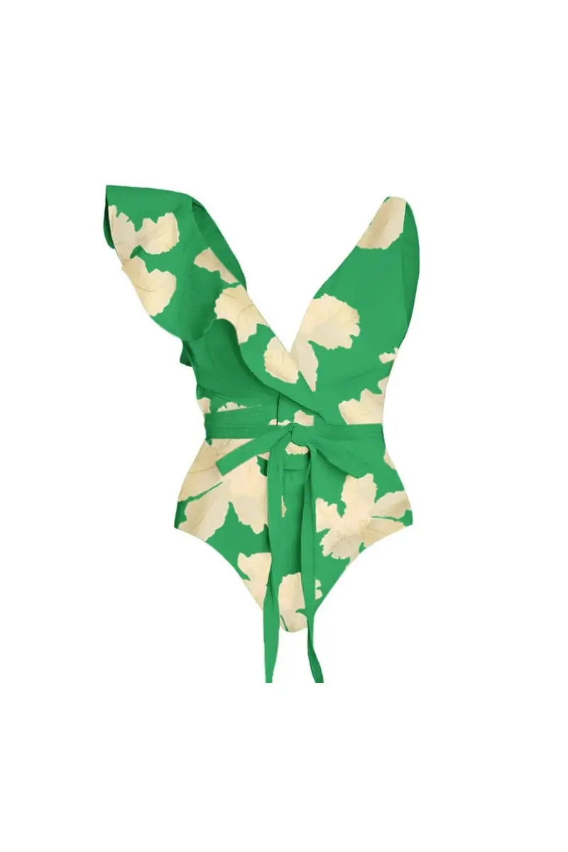 Belted Printed Swimsuits with Wrap Skirt Set